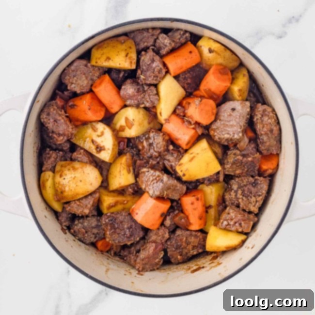 Hearty Venison Stew 16 Step 11: Returning browned venison to the simmering stew.