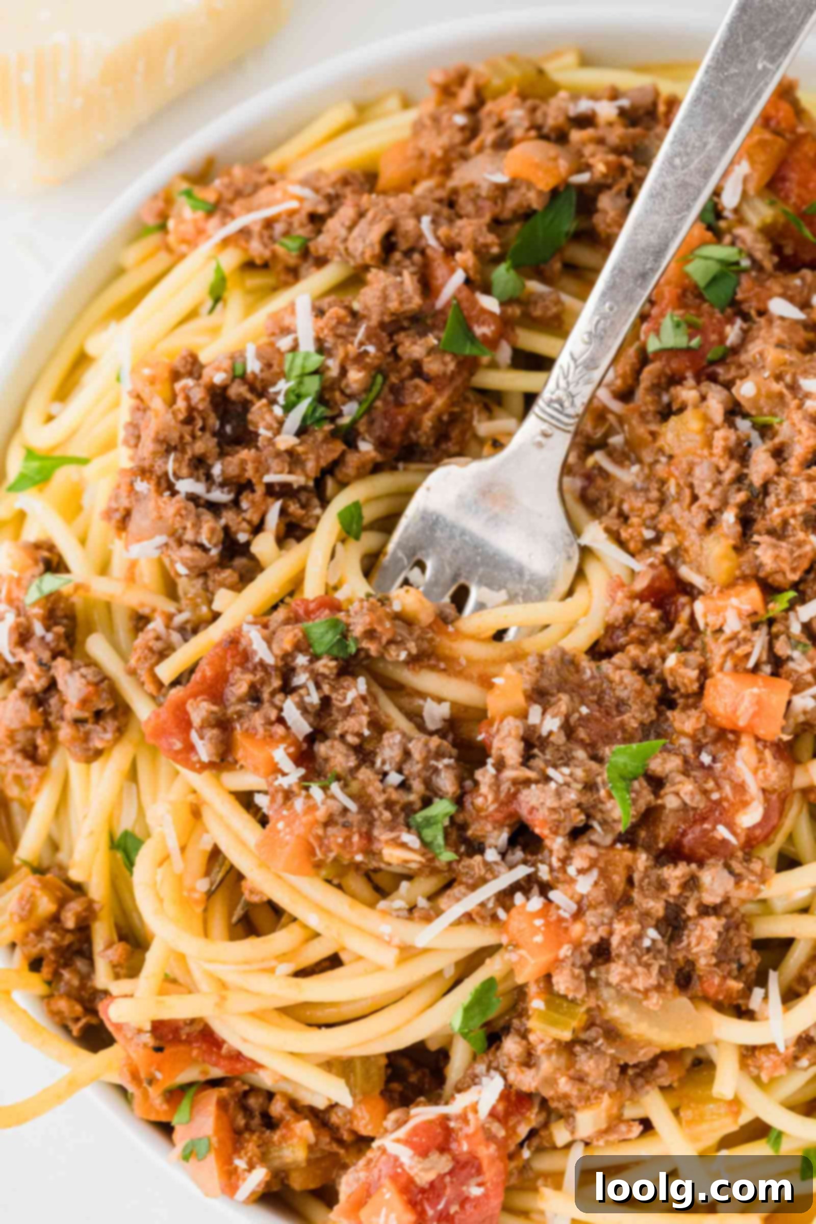 Slow-Simmered Venison Bolognese 2 fork digging into a plate full of deer bolognese