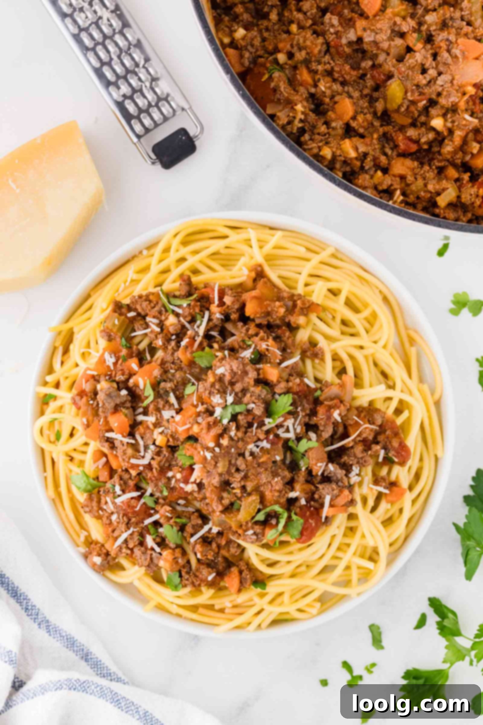 Slow-Simmered Venison Bolognese 14 deer bolognese spread out over a bowl of spaghetti
