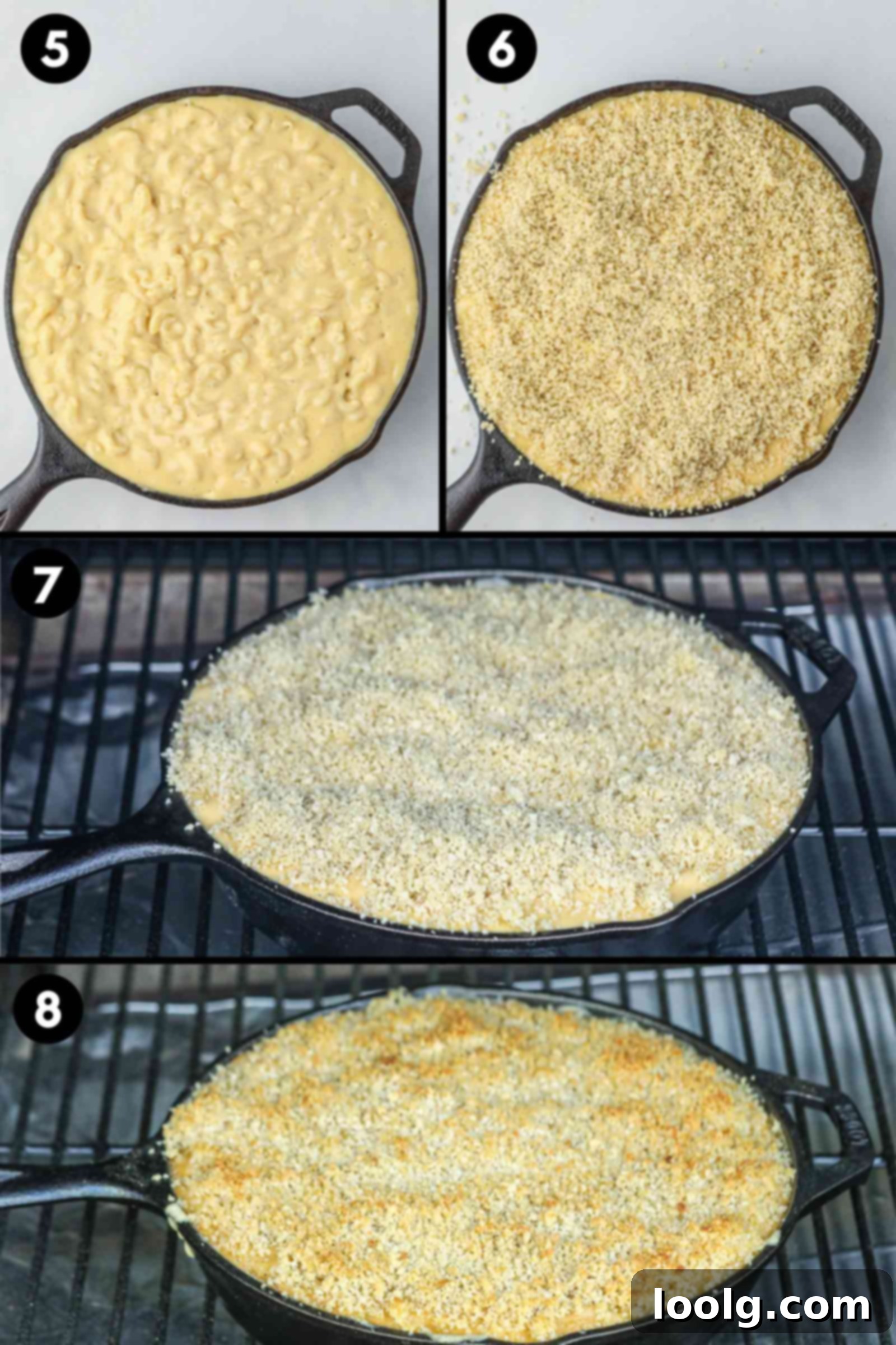 Smoky Cheesy Indulgence 4 transferring mac and cheese to cast iron skillet, topping with breadcrumbs, and smoking
