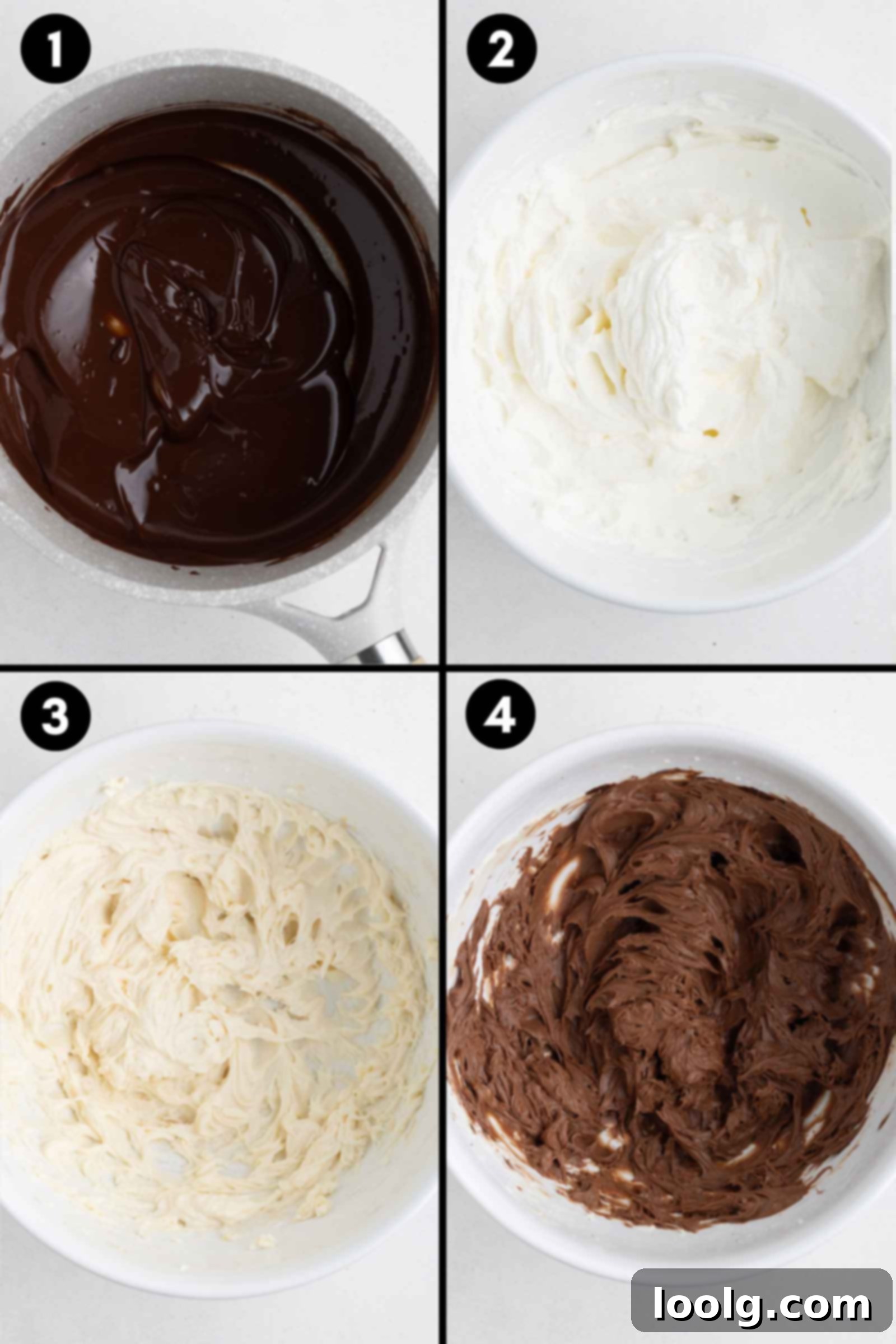 Velvet Chocolate Cheesecake Mousse 3 a collage showing the melting of chocolate, whipping cream and cream cheese, and then mixing together
