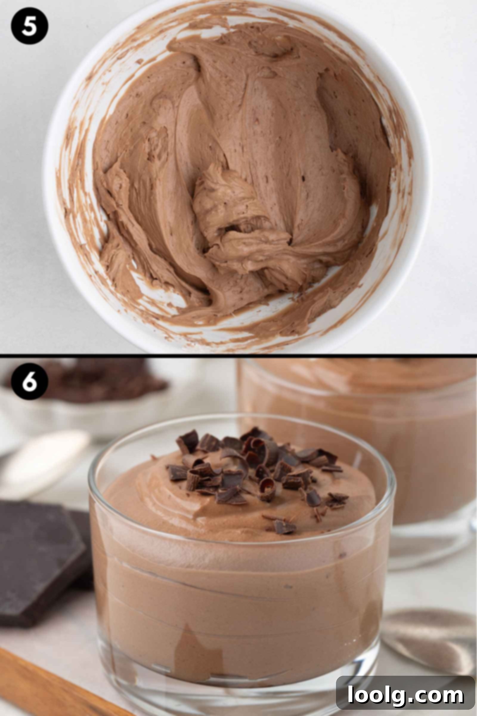 Velvet Chocolate Cheesecake Mousse 4 a collage showing the cream mixture combined with the chocolate and the finished mousse in a glass