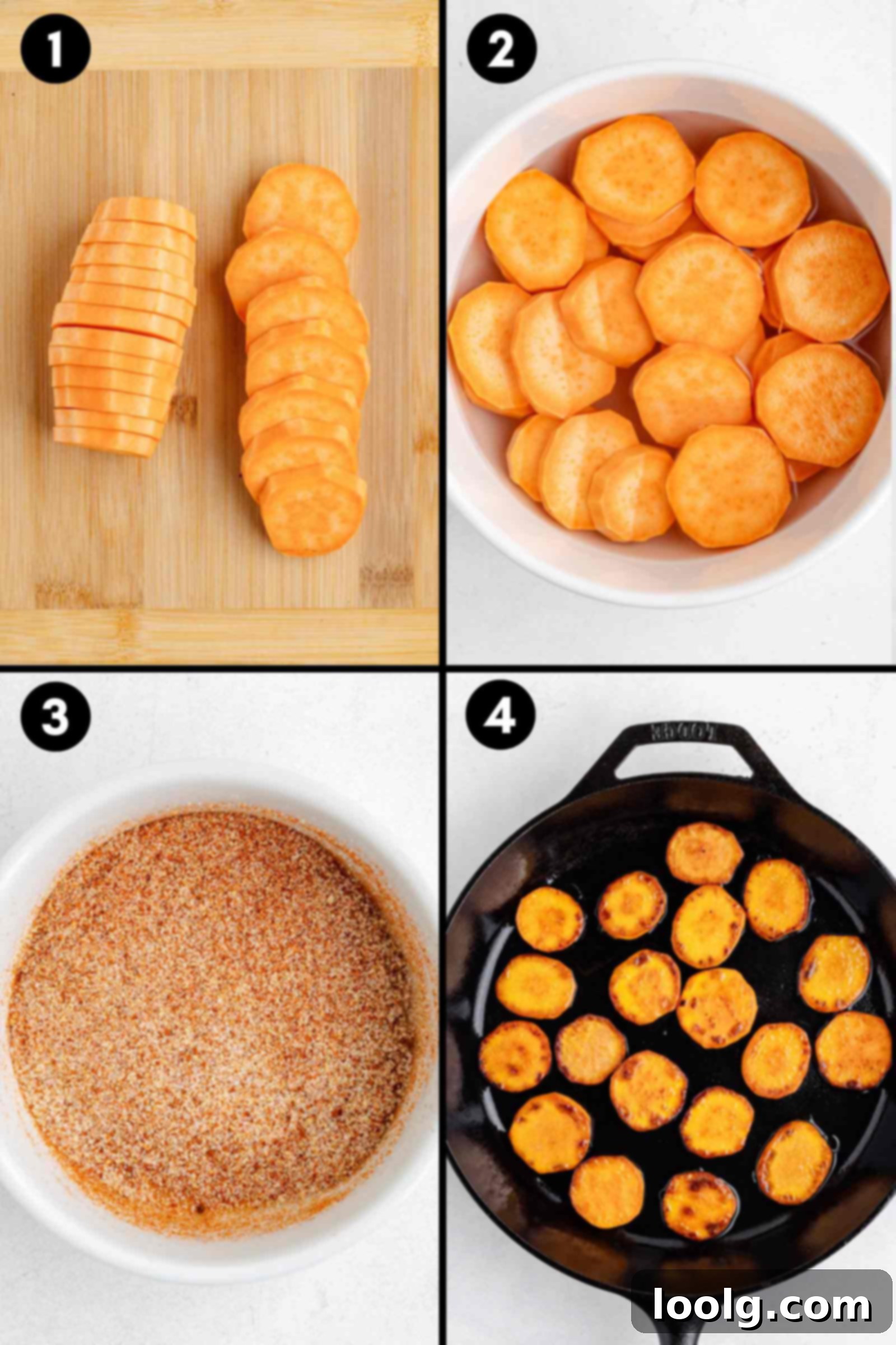 Golden Crispy Fried Sweet Potatoes 4 Step-by-step images showing sweet potato preparation and frying in a skillet.