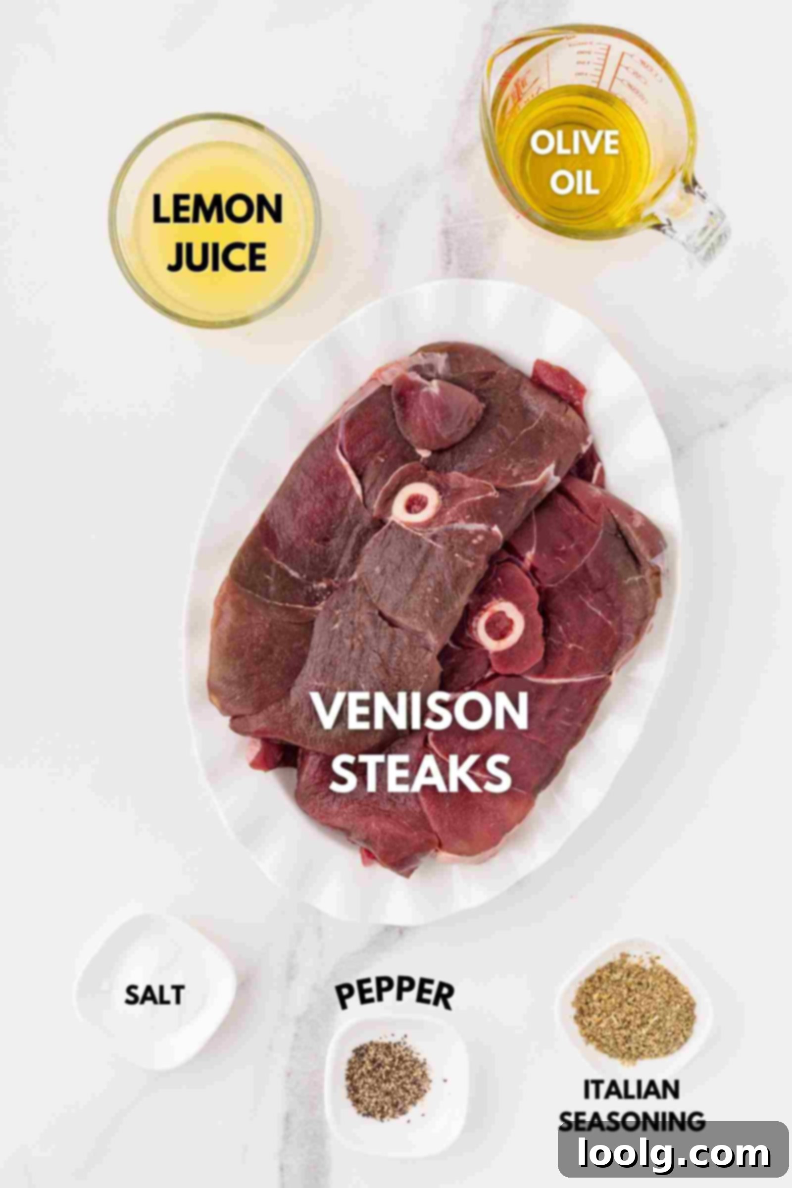 Signature Venison Steaks 3 ingredients laid out to make venison steaks
