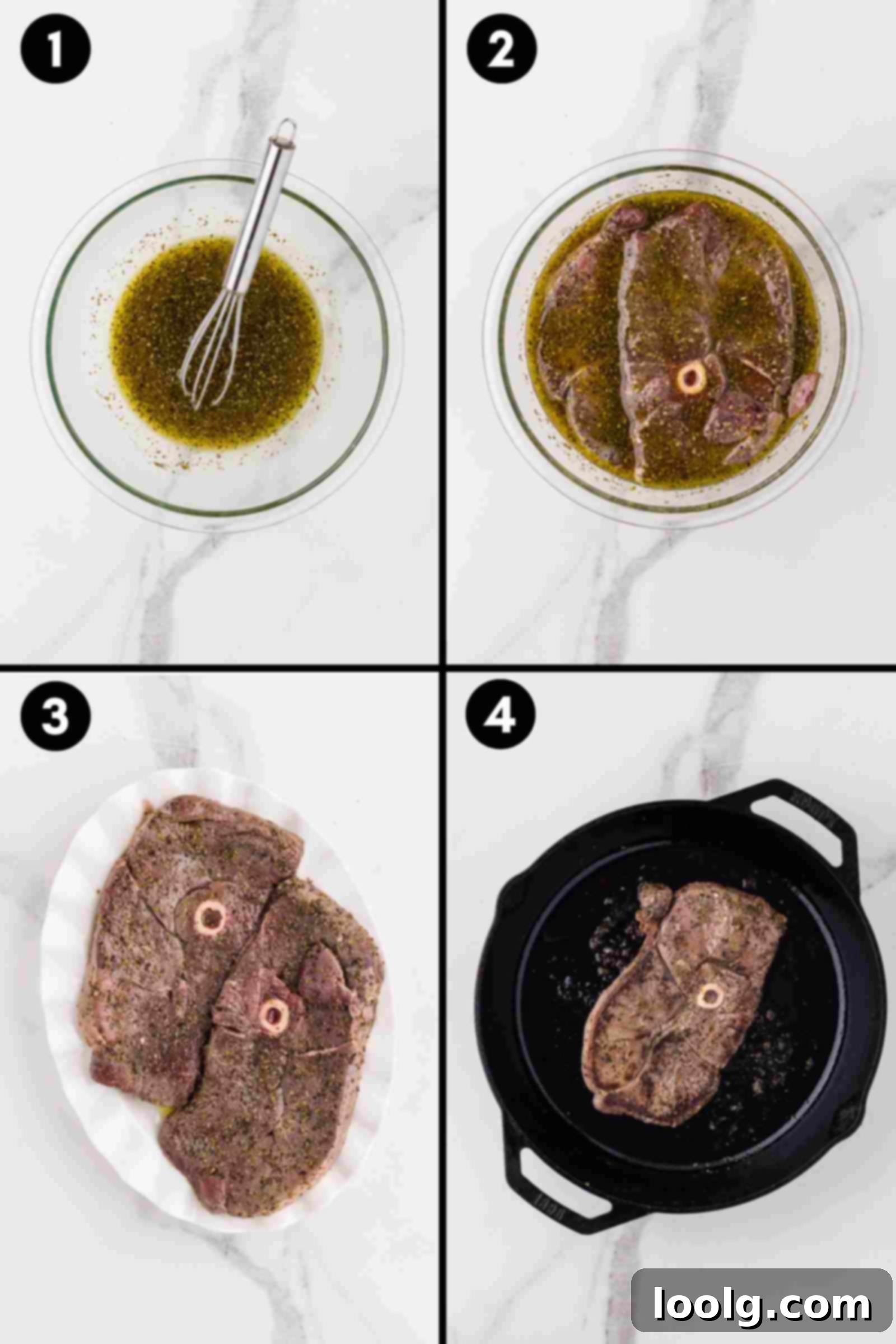 Signature Venison Steaks 4 a collage showing the steps of making venison steaks 0 mixing together marinade for venison steaks, putting the steaks in the marinade and pan-frying them