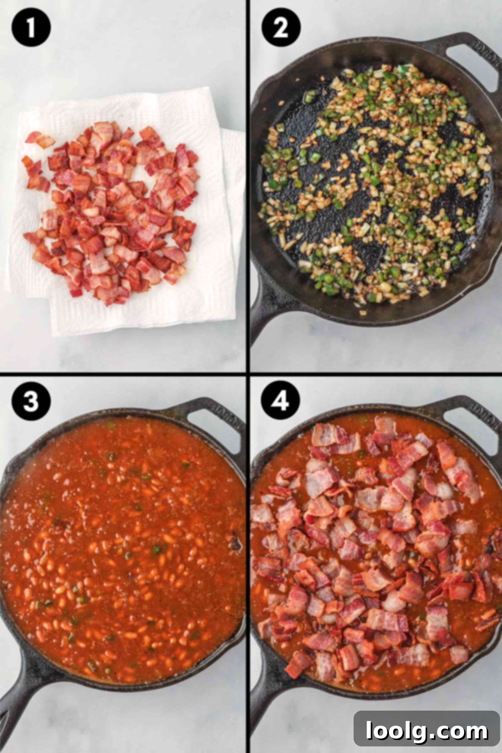Slow-Smoked Baked Beans 4 collage showing the cooking of bacon, onions and jalapenos and then adding the rest of the ingredients to a cast-iron skillet