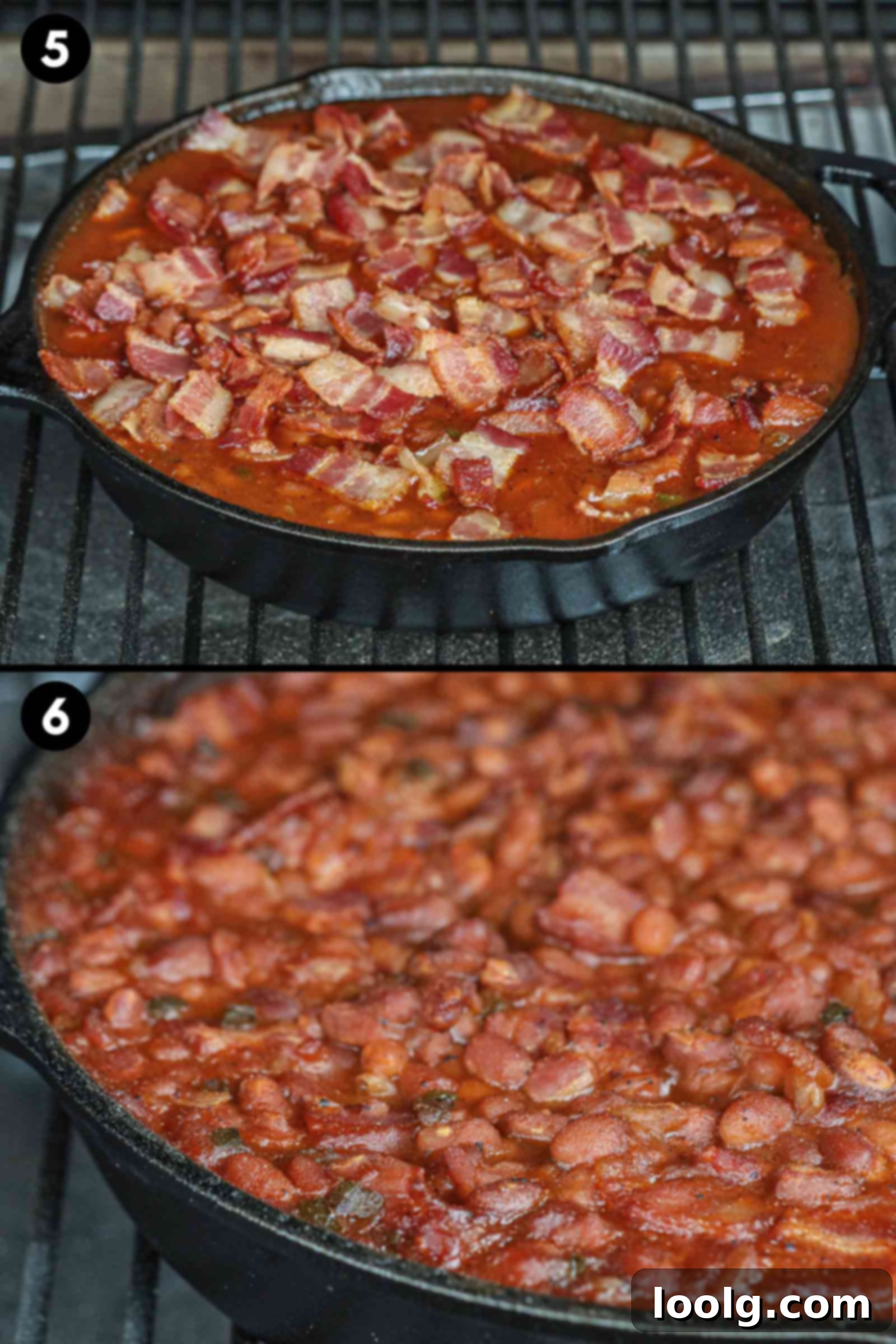 Slow-Smoked Baked Beans 5 collage showing the last 2 steps of making smoked baked beans - showing them being smoked on the smoker