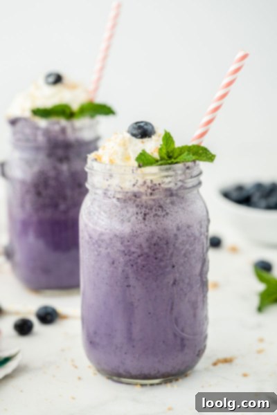 Velvet Berry Dream 2 Delicious and vibrant blueberry milkshake with fresh blueberries and a straw.