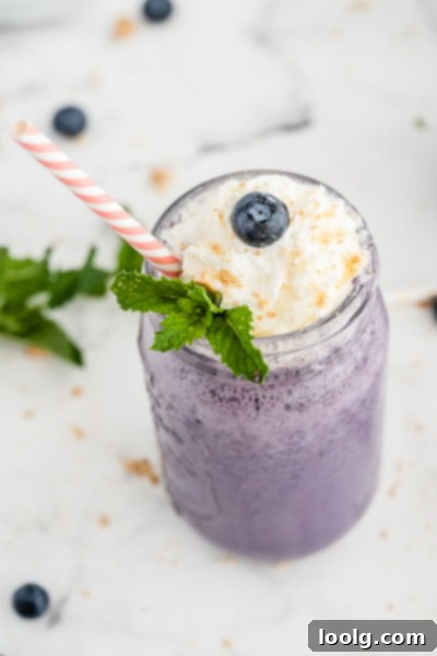 Velvet Berry Dream 3 Close-up of a creamy blueberry milkshake in a glass, ready to be enjoyed.