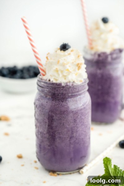 Velvet Berry Dream 5 A glass of blueberry milkshake with fresh blueberries and a straw on a wooden surface.