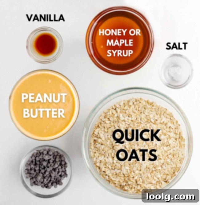 No-Bake Peanut Butter Oatmeal Energy Bites 3 all ingredients needed to make oat and peanut butter balls