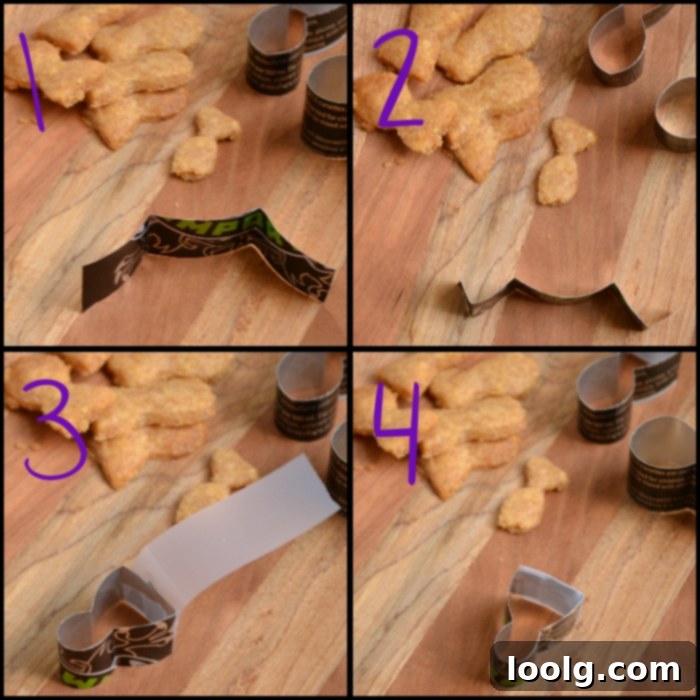 DIY Goldfish Cookie Cutter Tutorial Numbered steps demonstrating how to create a goldfish cookie cutter from an aluminum can strip.