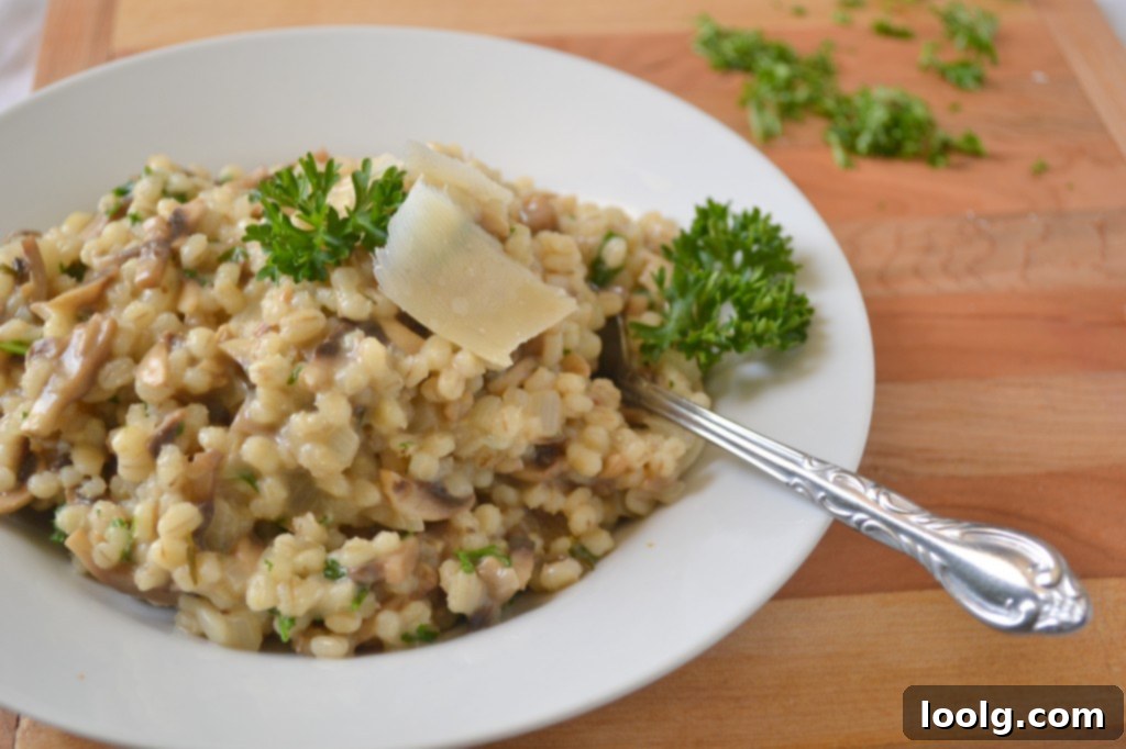Delicious Mushroom Barley Risotto A beautifully plated bowl of creamy mushroom barley risotto, garnished with fresh parsley.