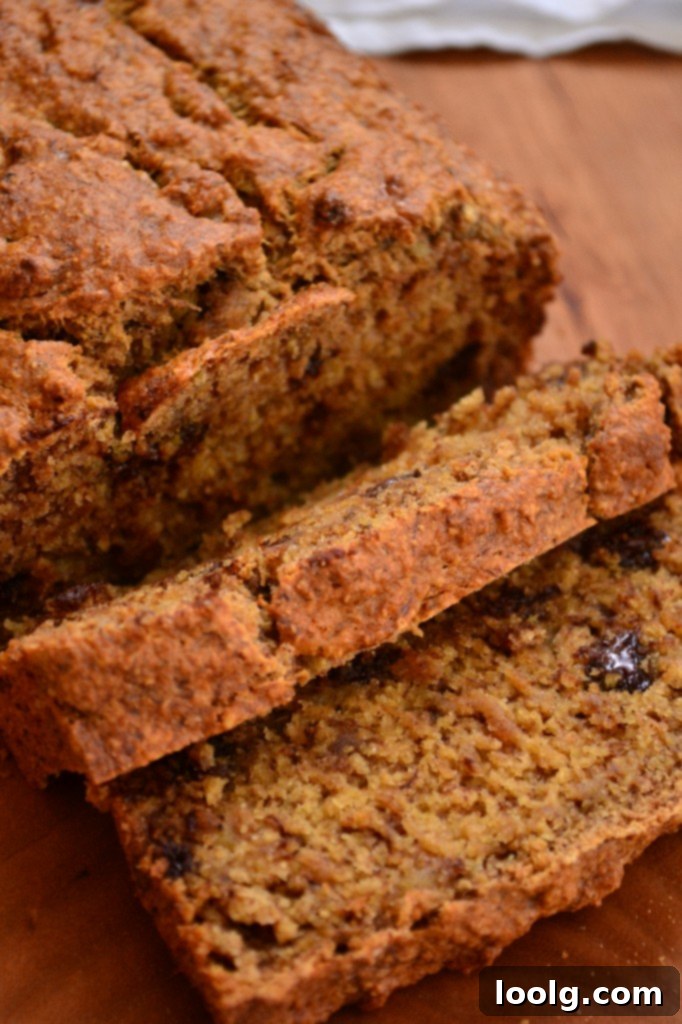 Whole Wheat Chocolate Chip Banana Bread Close-up A close-up of a slice of healthy whole wheat chocolate chip banana bread, showing its moist texture and chocolate chunks.