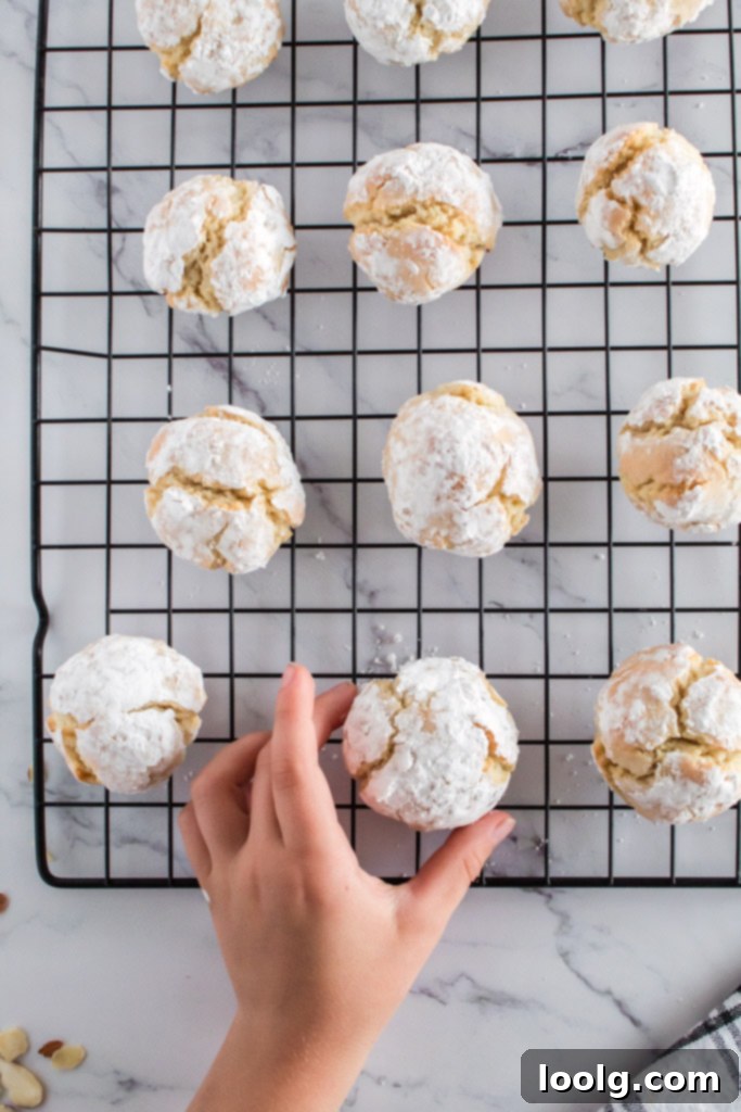 Almond Amore Bites 11 Small hand gently picking up a freshly baked Italian almond cookie from a baking sheet