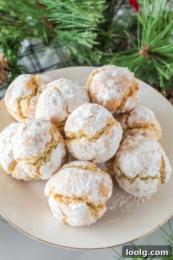 Almond Amore Bites 3 Italian almond cookies beautifully arranged on a plate with festive green holiday decorations in the background