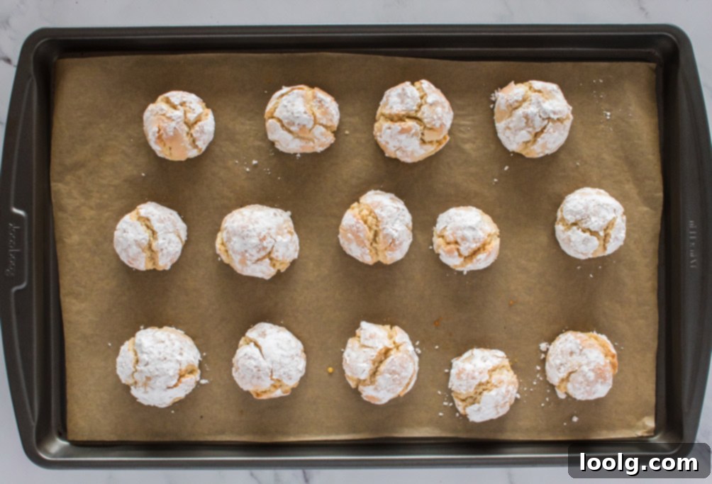 Almond Amore Bites 10 Baked Italian almond cookies resting on parchment paper on a baking sheet, showing perfect crackles