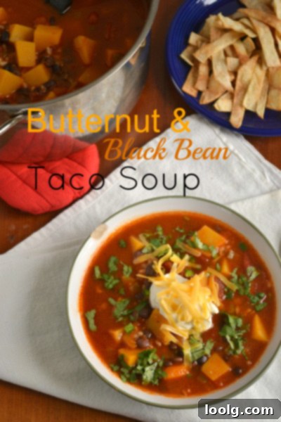 Fiesta Butternut and Black Bean Soup 1 Delicious and vibrant Butternut Squash and Black Bean Taco Soup in a bowl, ready to be topped