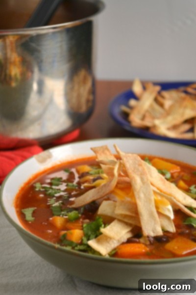 Fiesta Butternut and Black Bean Soup 3 Hands piling crispy, homemade corn tortilla strips onto a bowl of Butternut Squash and Black Bean Taco Soup