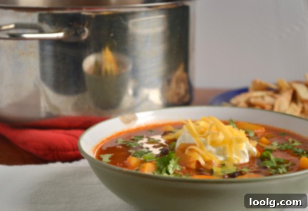 Fiesta Butternut and Black Bean Soup 4 A vibrant bowl of Butternut Squash and Black Bean Taco Soup, garnished with fresh cilantro and other toppings