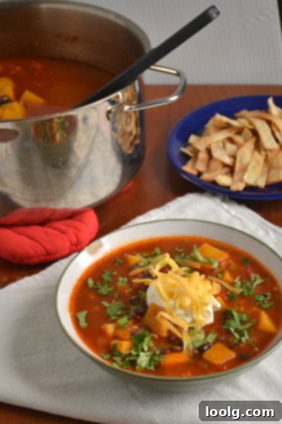 Fiesta Butternut and Black Bean Soup 6 A pot of Butternut Squash and Black Bean Taco Soup simmering on the stove, rich with vegetables and broth