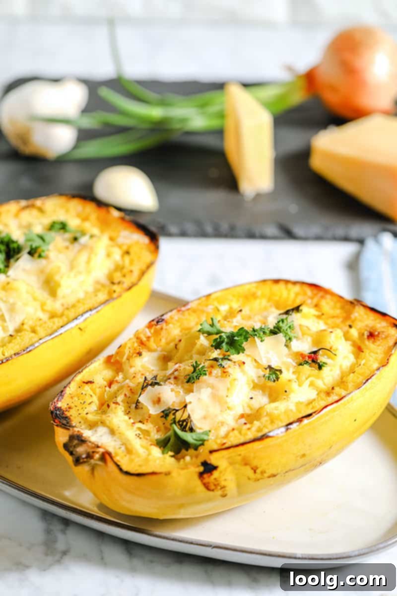 Golden Strands Alfredo 4 Spaghetti squash alfredo in the squash boat