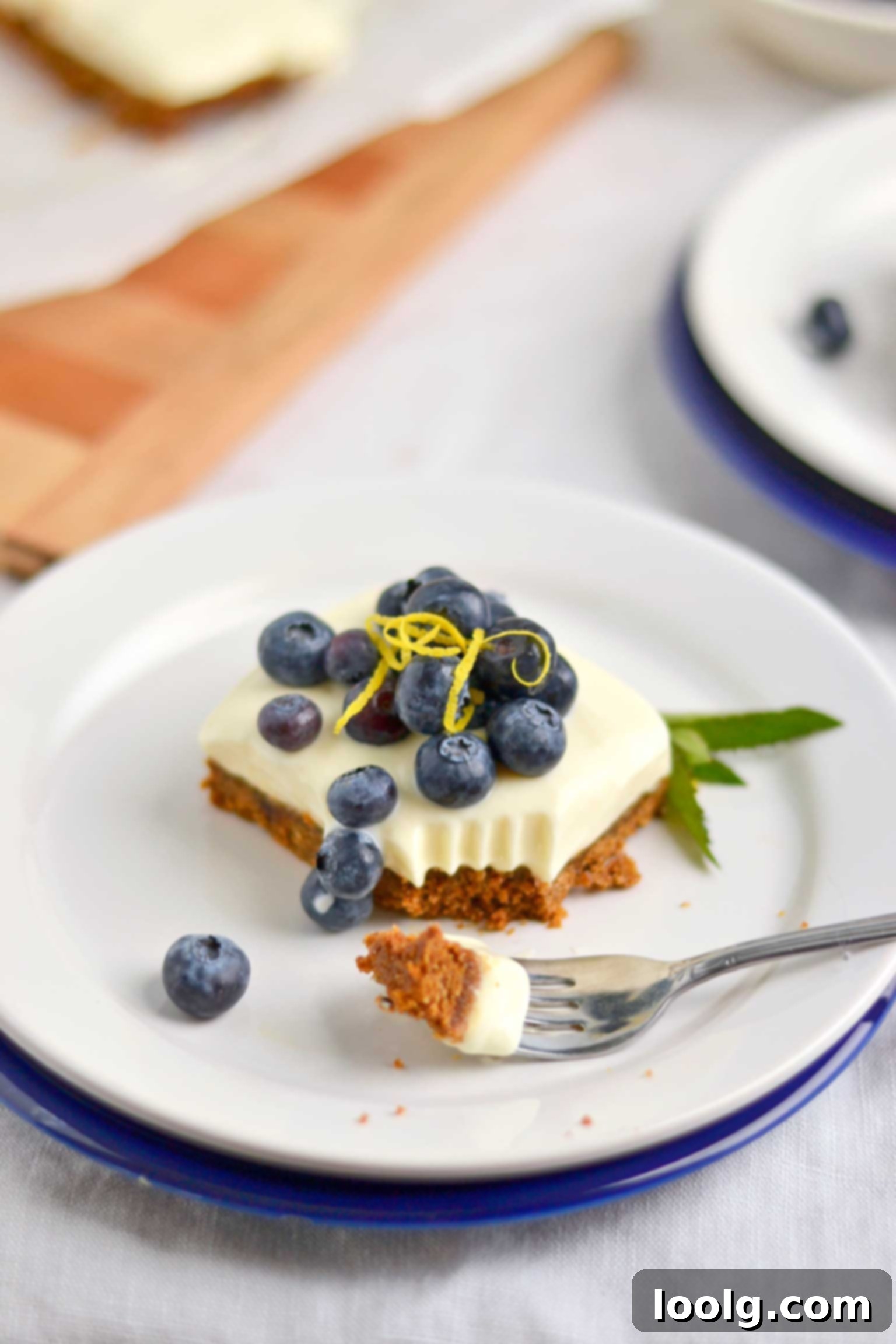Gelatin Free No Bake Greek Yogurt Cheesecake 2 no-bake Greek yogurt cheesecake topped with blueberries on white plate