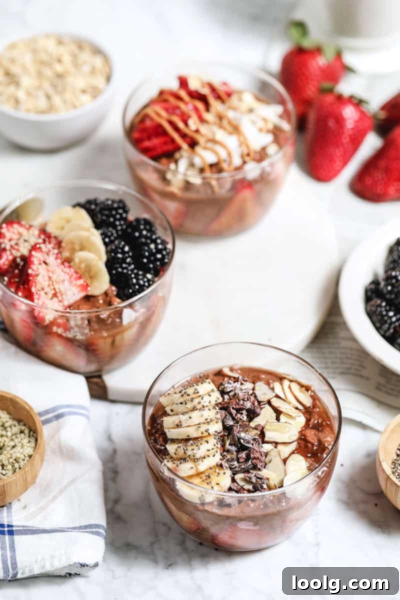 Indulgent Chocolate Overnight Oats 4 Chocolate overnight oats with fresh fruit and nuts for a healthy breakfast
