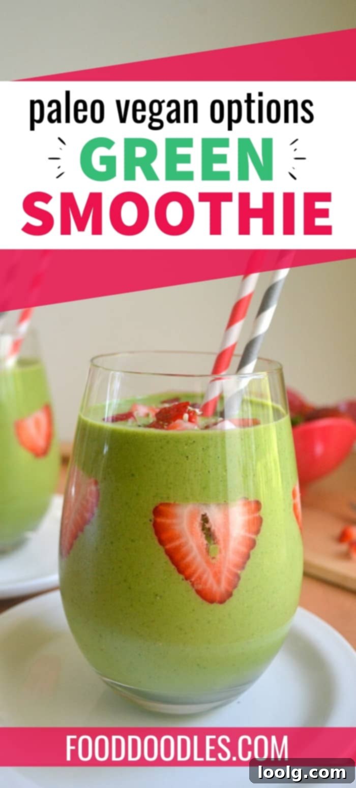 Vibrant Strawberry Green Blend 2 A vibrant strawberry green smoothie in a tall glass jar, garnished with fresh strawberries and a mint leaf, featuring a creamy texture. It's packed with banana, strawberries, spinach, Greek or coconut milk yogurt, and hemp seeds, perfect for a healthy and delicious meal or snack.