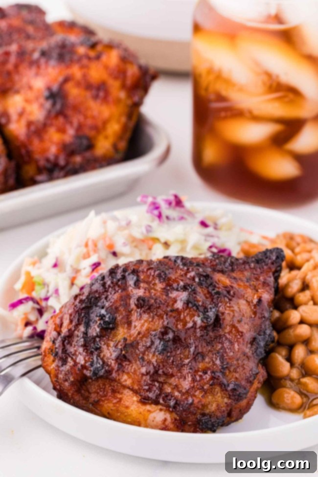 barbequed chicken thighs on a white plate with baked beans and coleslaw