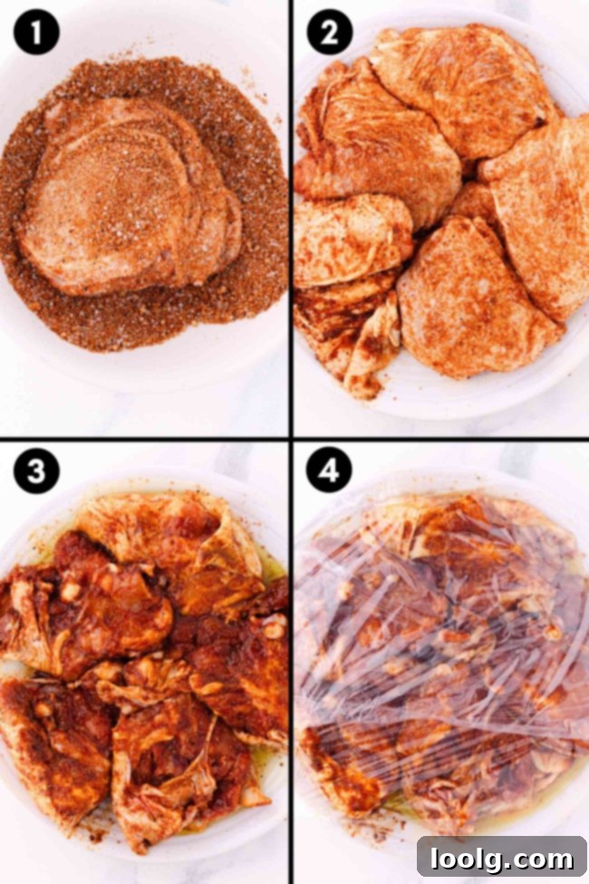 collage showing chicken thighs being coated in a spice rub, adding olive oil and covering