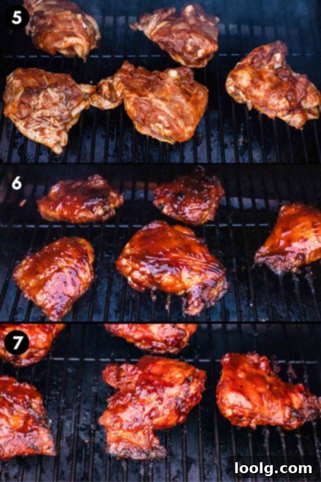collage showing the grilling of the chicken thighs and coating them in BBQ
