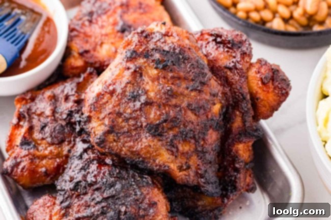 barbequed chicken thighs piled up on a baking pan with BBQ sauce in background