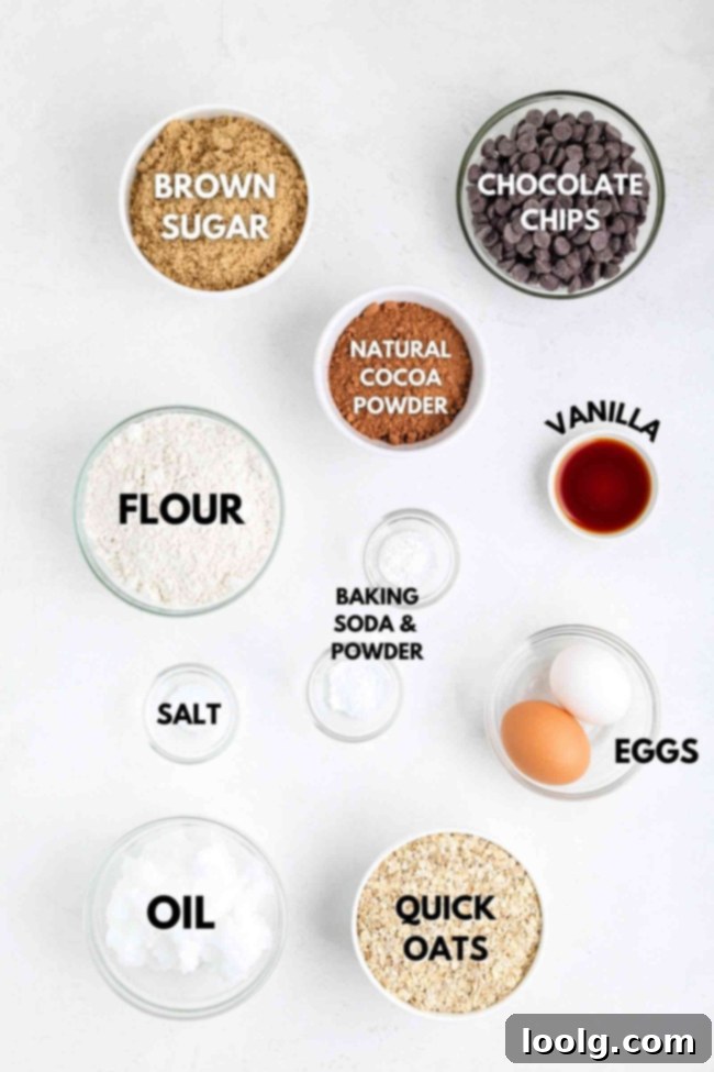 Ingredients laid out to make cocoa oatmeal cookies