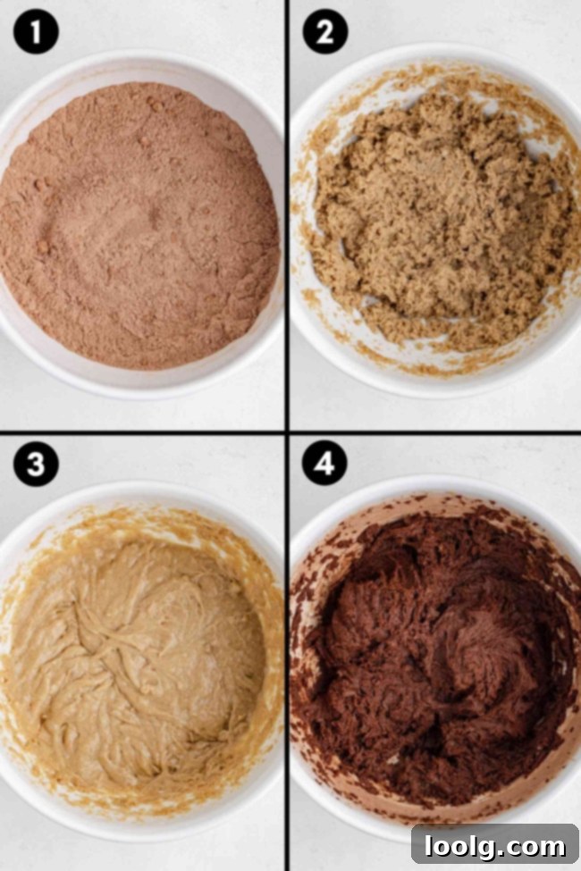 Collage showing the mixing together of ingredients for cocoa oatmeal cookies dough