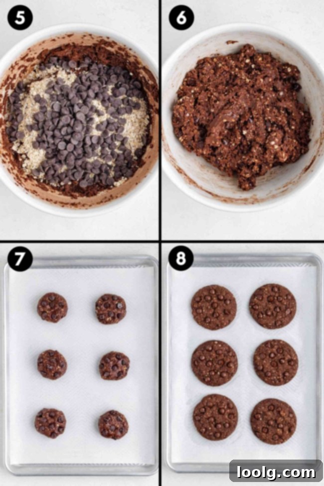 Collage showing the adding of chocolate chips, mixing the dough together, rolling into balls and baking the cookies