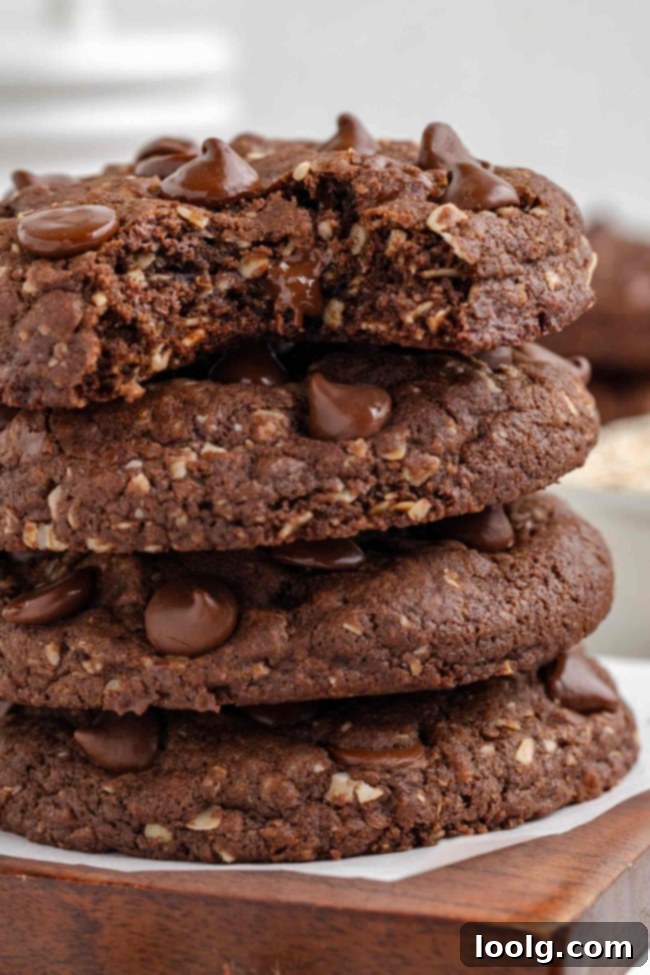 Stack of 4 oatmeal cocoa cookies with a bite taken out of the top cookie