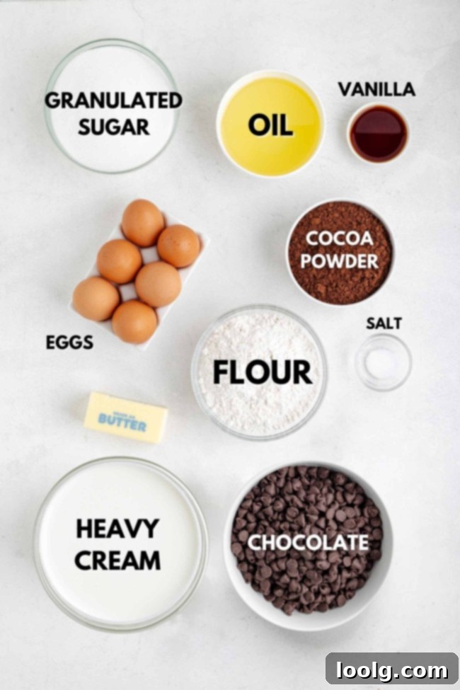 Ingredients laid out to make fudgy brownies with chocolate ganache