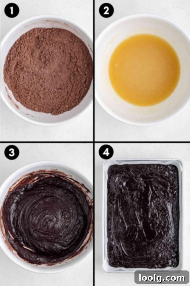 Collage showing the mixing process for the brownies and the batter in the pan