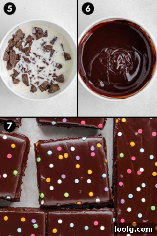 Collage showing mixing of ganache and finished fudgy brownies