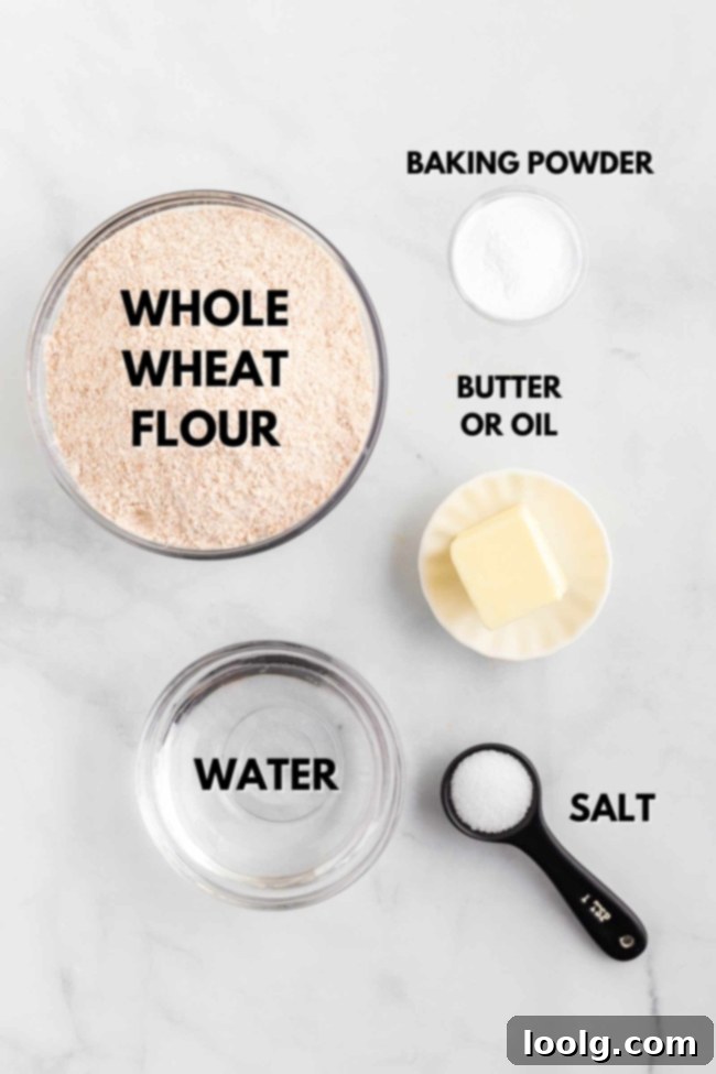 All the necessary ingredients for making homemade whole wheat tortillas, neatly arranged for easy preparation