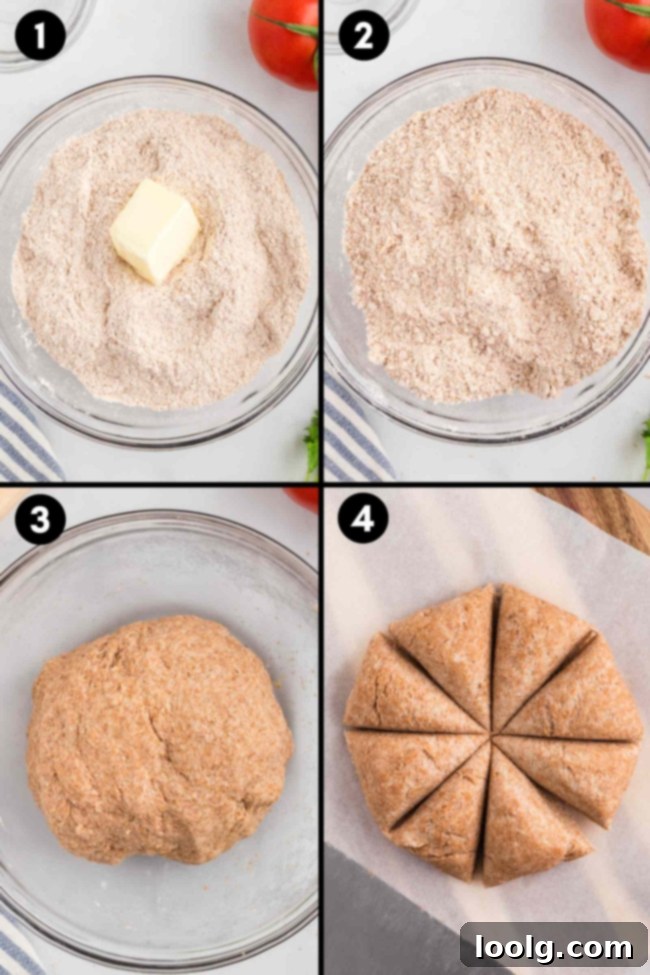 A collage demonstrating the steps of mixing the tortilla ingredients and dividing the dough into equal portions, visually guiding users through the initial stages of the recipe