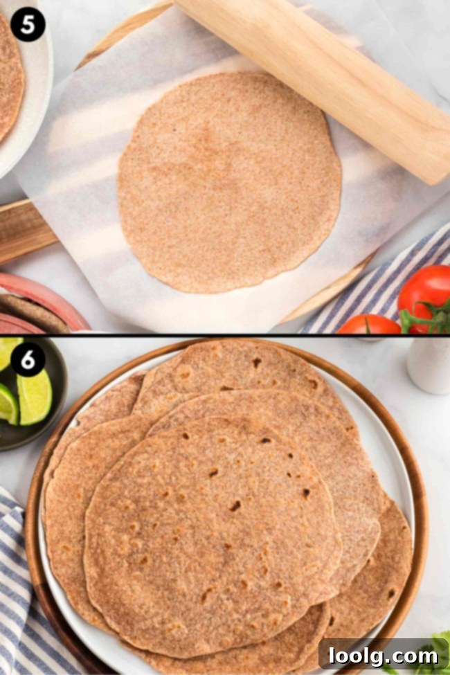 Another collage showcasing how thin to roll out the tortillas and what they should look like once they are perfectly cooked, assisting users in achieving the desired texture and appearance