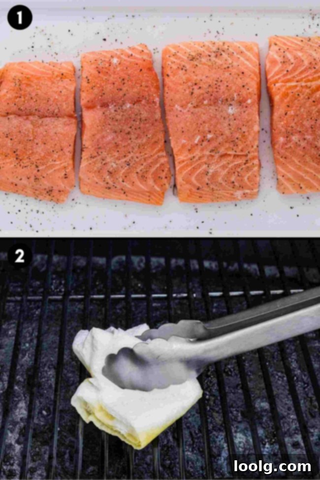 Grilled Salmon Perfection 5 Collage illustrating the preparation steps for grilled BBQ salmon: salting fresh fillets and meticulously oiling hot grill grates to prevent sticking.