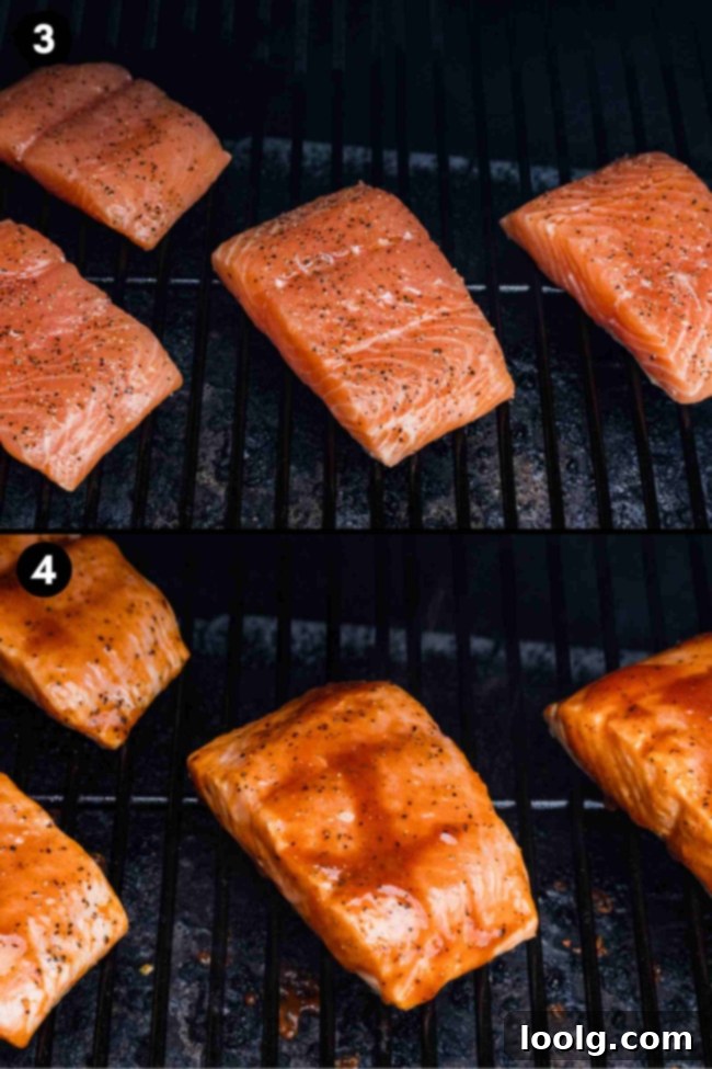 Grilled Salmon Perfection 6 Collage depicting the grilling process: placing salmon skin-side down on hot grates and brushing the flesh with delicious BBQ sauce during cooking.