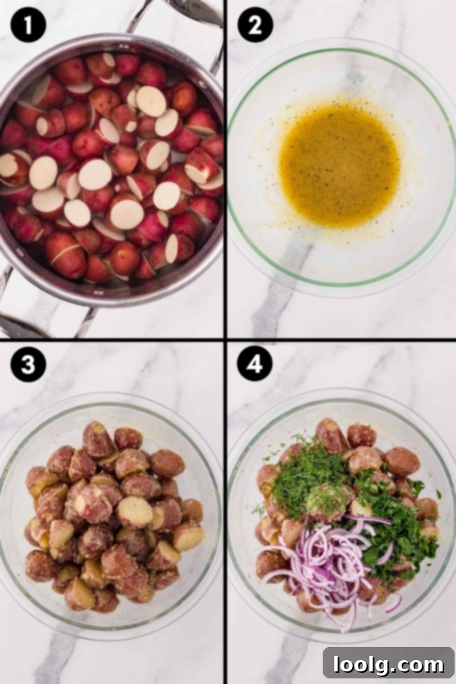 collage showing the boiling of potatoes, mixing of vinaigrette and the adding of onions and herbs