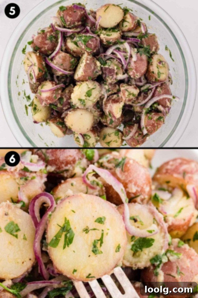 collage showing the finished potato salad in a bowl and then a close-up
