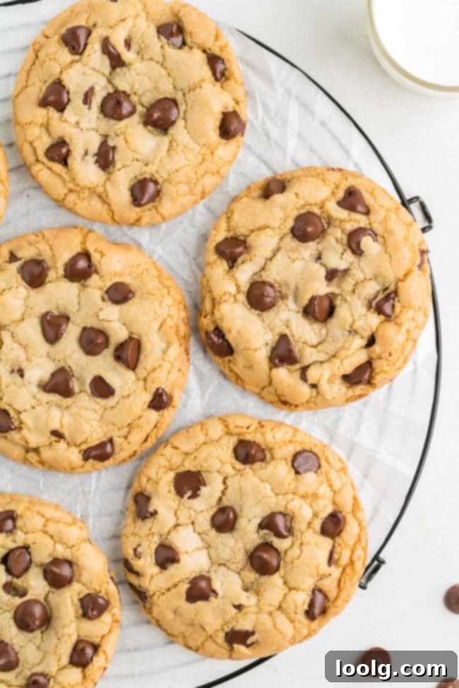 Overhead photo of a plate full of chocolate chip cookies made without butter and loaded with chocolate chips. These cookies are soft, chewy, and rich in chocolate.