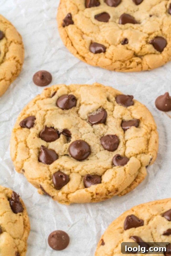 A close-up shot of several butterless chocolate chip cookies, showcasing their tender texture and abundance of chocolate chips.