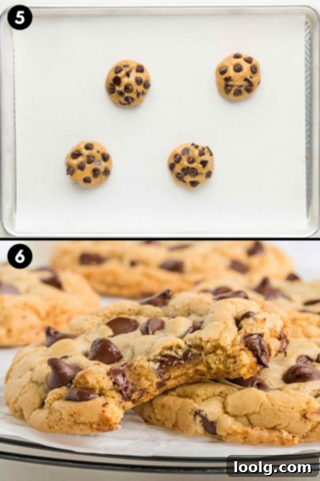 A collage showing the process of placing cookie dough balls on a baking sheet and the final baked cookies, golden brown and perfectly shaped.